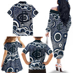 Carlton Blues Family Matching Off The Shoulder Long Sleeve Dress and Hawaiian Shirt Aboriginal Dot Pattern - Football Mascot Heritage Pride