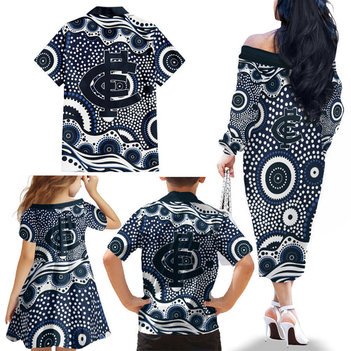 Carlton Blues Family Matching Off The Shoulder Long Sleeve Dress and Hawaiian Shirt Aboriginal Dot Pattern - Football Mascot Heritage Pride