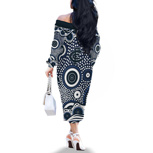 Carlton Blues Family Matching Off The Shoulder Long Sleeve Dress and Hawaiian Shirt Aboriginal Dot Pattern - Football Mascot Heritage Pride