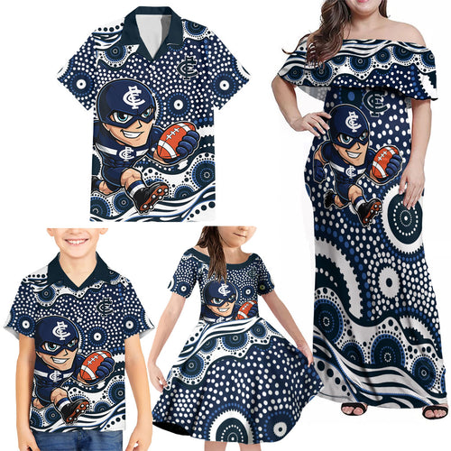 Carlton Blues Family Matching Off Shoulder Maxi Dress and Hawaiian Shirt Aboriginal Dot Pattern - Football Mascot Heritage Pride