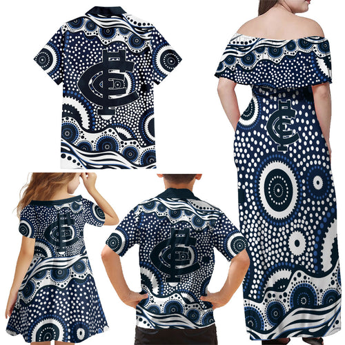 Carlton Blues Family Matching Off Shoulder Maxi Dress and Hawaiian Shirt Aboriginal Dot Pattern - Football Mascot Heritage Pride