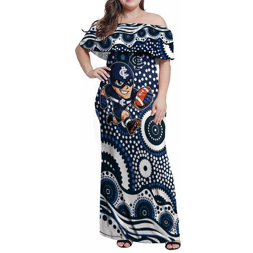 Carlton Blues Family Matching Off Shoulder Maxi Dress and Hawaiian Shirt Aboriginal Dot Pattern - Football Mascot Heritage Pride