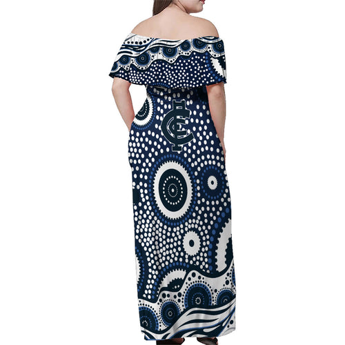 Carlton Blues Family Matching Off Shoulder Maxi Dress and Hawaiian Shirt Aboriginal Dot Pattern - Football Mascot Heritage Pride