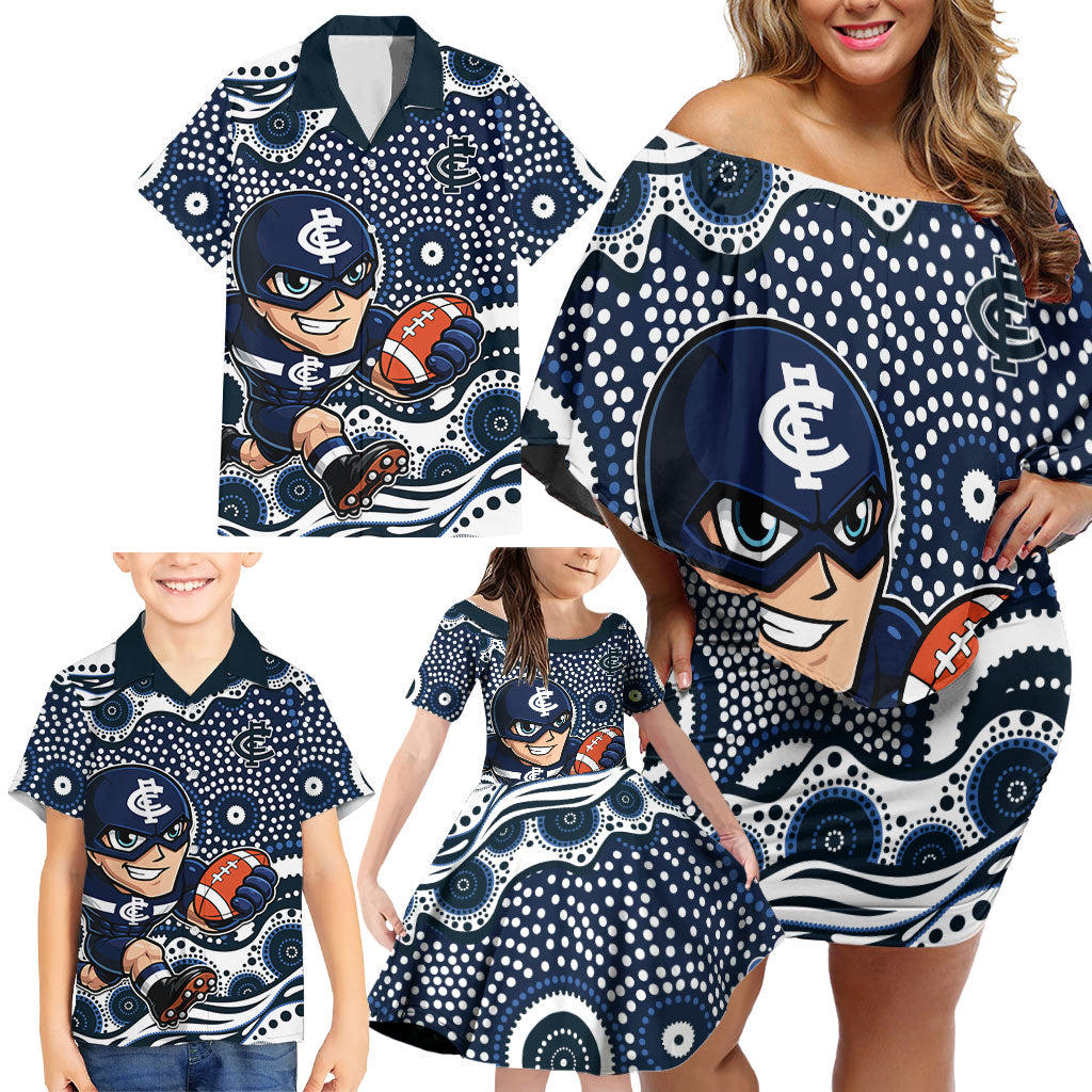 Carlton Blues Family Matching Off Shoulder Short Dress and Hawaiian Shirt Aboriginal Dot Pattern - Football Mascot Heritage Pride