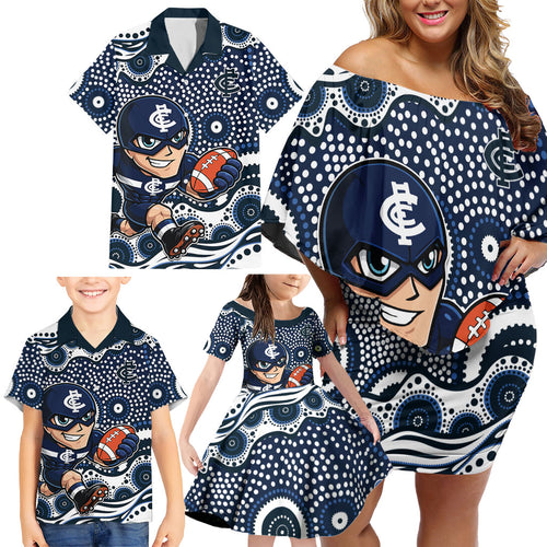 Carlton Blues Family Matching Off Shoulder Short Dress and Hawaiian Shirt Aboriginal Dot Pattern - Football Mascot Heritage Pride