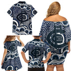 Carlton Blues Family Matching Off Shoulder Short Dress and Hawaiian Shirt Aboriginal Dot Pattern - Football Mascot Heritage Pride