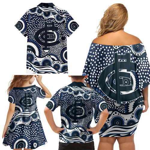 Carlton Blues Family Matching Off Shoulder Short Dress and Hawaiian Shirt Aboriginal Dot Pattern - Football Mascot Heritage Pride