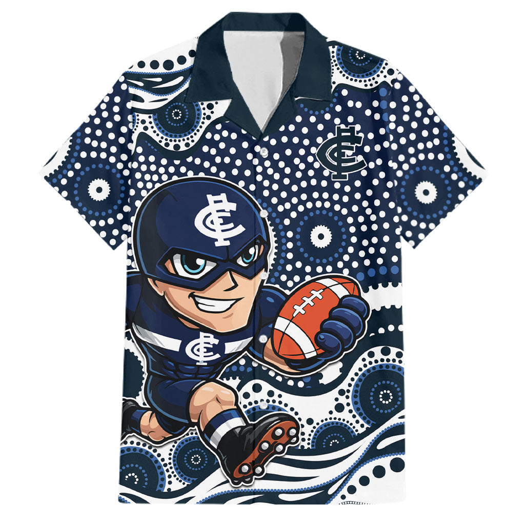Carlton Blues Family Matching Off Shoulder Short Dress and Hawaiian Shirt Aboriginal Dot Pattern - Football Mascot Heritage Pride