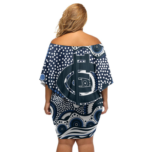 Carlton Blues Family Matching Off Shoulder Short Dress and Hawaiian Shirt Aboriginal Dot Pattern - Football Mascot Heritage Pride