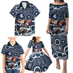 Carlton Blues Family Matching Puletasi and Hawaiian Shirt Aboriginal Dot Pattern - Football Mascot Heritage Pride