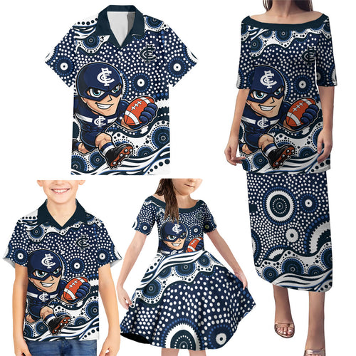 Carlton Blues Family Matching Puletasi and Hawaiian Shirt Aboriginal Dot Pattern - Football Mascot Heritage Pride