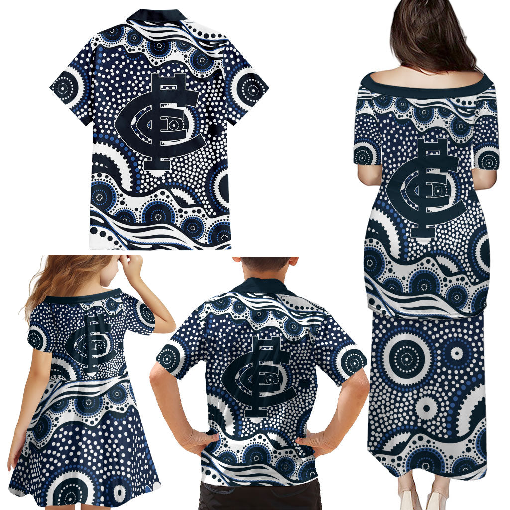 Carlton Blues Family Matching Puletasi and Hawaiian Shirt Aboriginal Dot Pattern - Football Mascot Heritage Pride