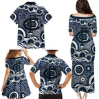 Carlton Blues Family Matching Puletasi and Hawaiian Shirt Aboriginal Dot Pattern - Football Mascot Heritage Pride