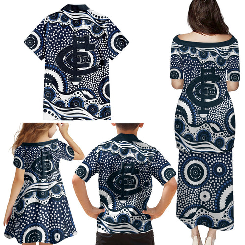 Carlton Blues Family Matching Puletasi and Hawaiian Shirt Aboriginal Dot Pattern - Football Mascot Heritage Pride