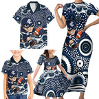 Carlton Blues Family Matching Short Sleeve Bodycon Dress and Hawaiian Shirt Aboriginal Dot Pattern - Football Mascot Heritage Pride