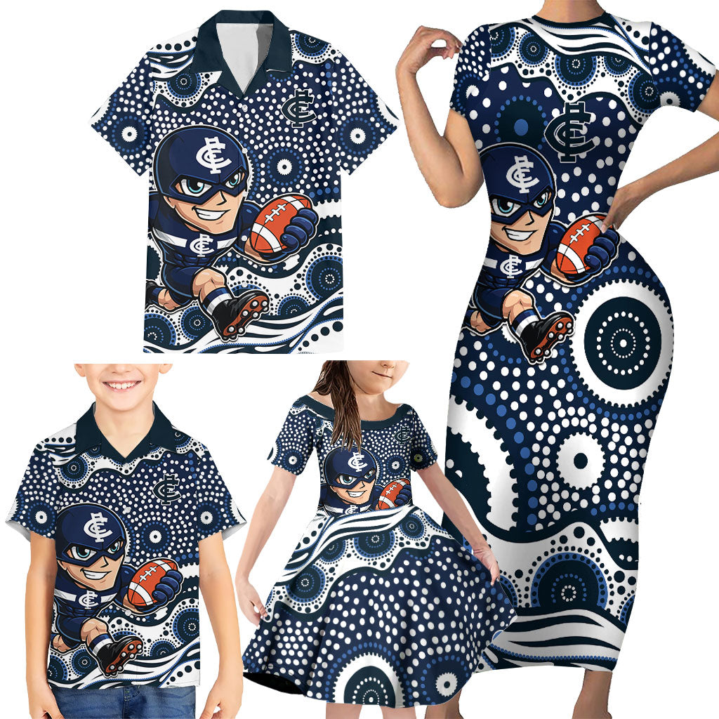 Carlton Blues Family Matching Short Sleeve Bodycon Dress and Hawaiian Shirt Aboriginal Dot Pattern - Football Mascot Heritage Pride