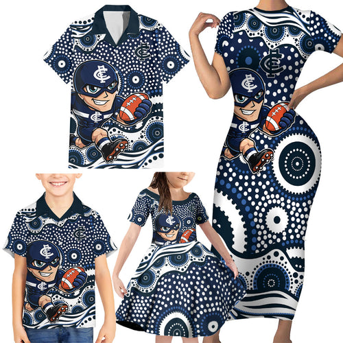 Carlton Blues Family Matching Short Sleeve Bodycon Dress and Hawaiian Shirt Aboriginal Dot Pattern - Football Mascot Heritage Pride