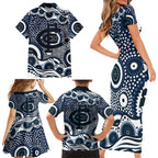 Carlton Blues Family Matching Short Sleeve Bodycon Dress and Hawaiian Shirt Aboriginal Dot Pattern - Football Mascot Heritage Pride