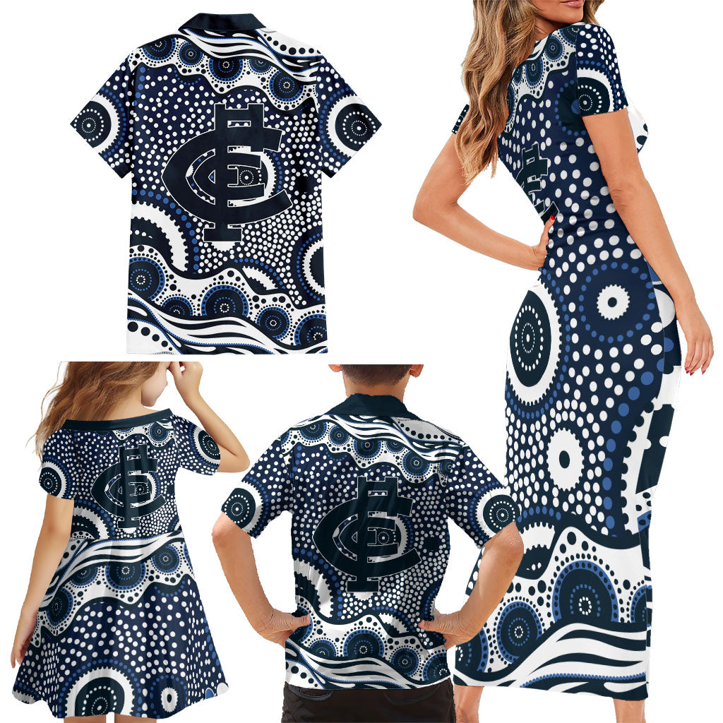 Carlton Blues Family Matching Short Sleeve Bodycon Dress and Hawaiian Shirt Aboriginal Dot Pattern - Football Mascot Heritage Pride