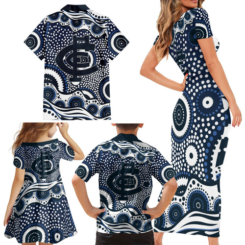Carlton Blues Family Matching Short Sleeve Bodycon Dress and Hawaiian Shirt Aboriginal Dot Pattern - Football Mascot Heritage Pride