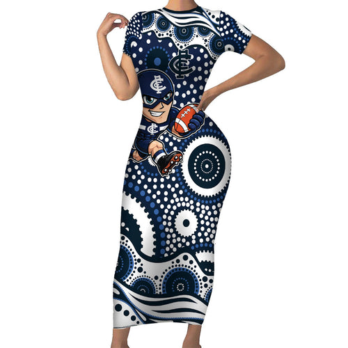 Carlton Blues Family Matching Short Sleeve Bodycon Dress and Hawaiian Shirt Aboriginal Dot Pattern - Football Mascot Heritage Pride
