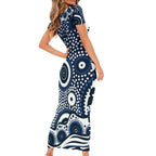 Carlton Blues Family Matching Short Sleeve Bodycon Dress and Hawaiian Shirt Aboriginal Dot Pattern - Football Mascot Heritage Pride