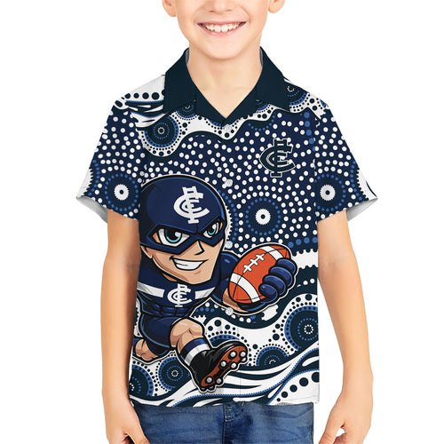 Carlton Blues Family Matching Short Sleeve Bodycon Dress and Hawaiian Shirt Aboriginal Dot Pattern - Football Mascot Heritage Pride