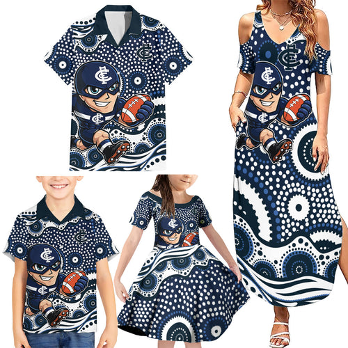 Carlton Blues Family Matching Summer Maxi Dress and Hawaiian Shirt Aboriginal Dot Pattern - Football Mascot Heritage Pride