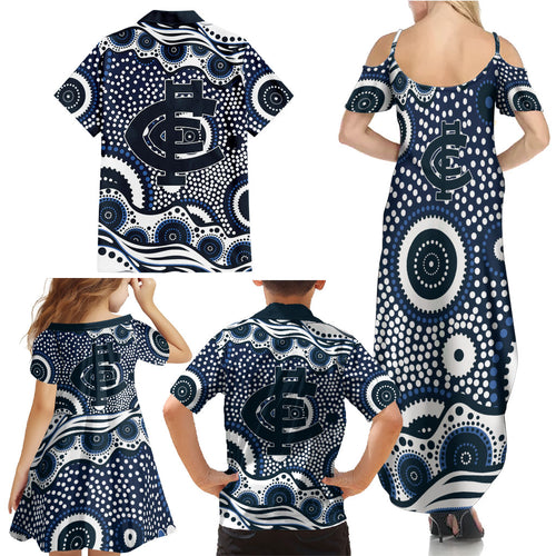 Carlton Blues Family Matching Summer Maxi Dress and Hawaiian Shirt Aboriginal Dot Pattern - Football Mascot Heritage Pride