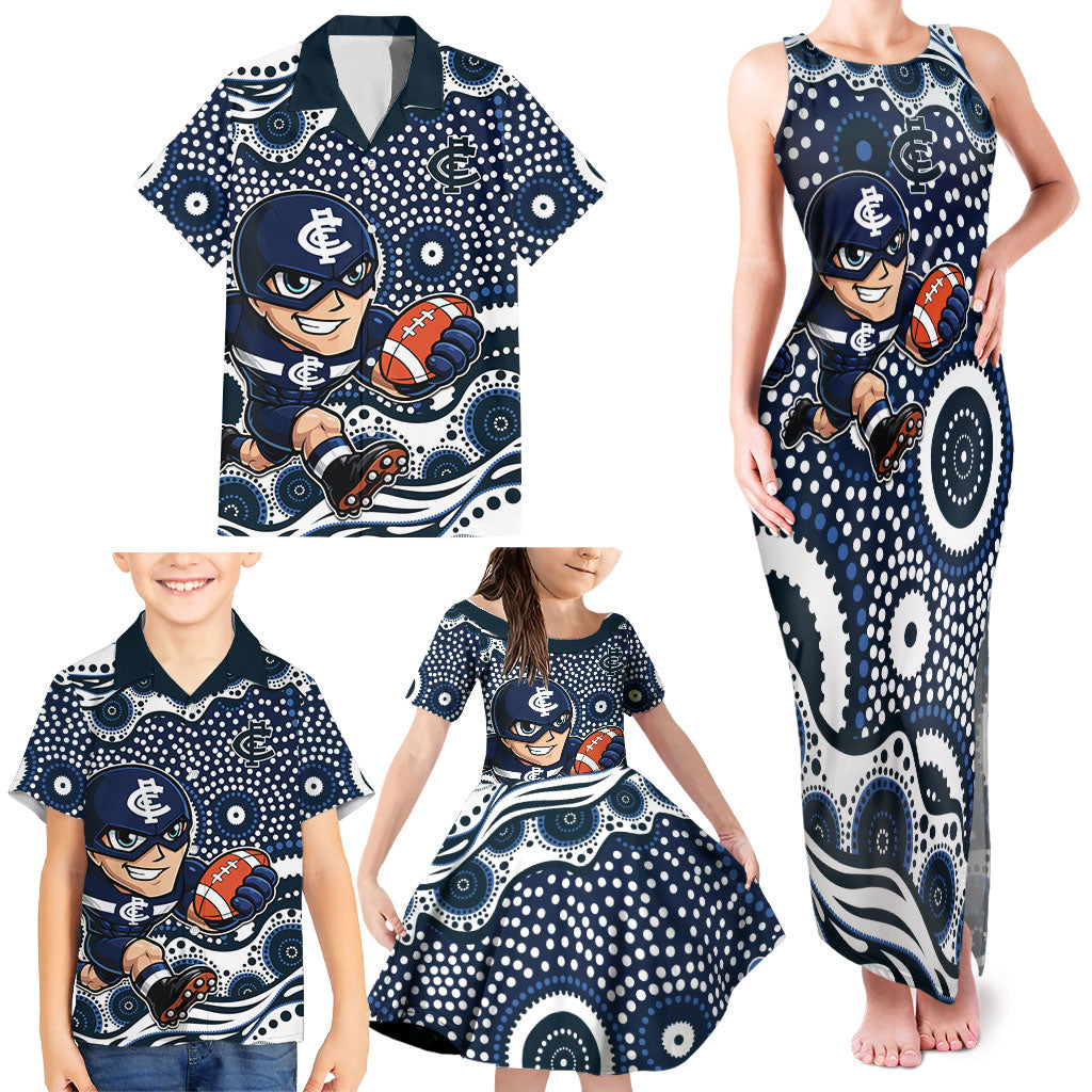 Carlton Blues Family Matching Tank Maxi Dress and Hawaiian Shirt Aboriginal Dot Pattern - Football Mascot Heritage Pride