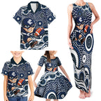 Carlton Blues Family Matching Tank Maxi Dress and Hawaiian Shirt Aboriginal Dot Pattern - Football Mascot Heritage Pride