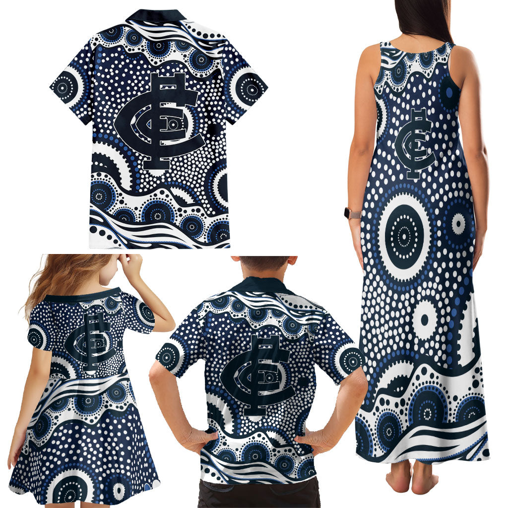 Carlton Blues Family Matching Tank Maxi Dress and Hawaiian Shirt Aboriginal Dot Pattern - Football Mascot Heritage Pride