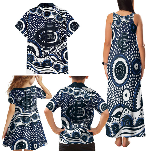 Carlton Blues Family Matching Tank Maxi Dress and Hawaiian Shirt Aboriginal Dot Pattern - Football Mascot Heritage Pride