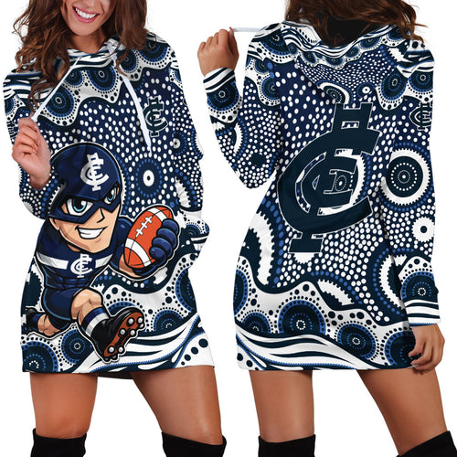 Carlton Blues Hoodie Dress Aboriginal Dot Pattern - Football Mascot Heritage Pride