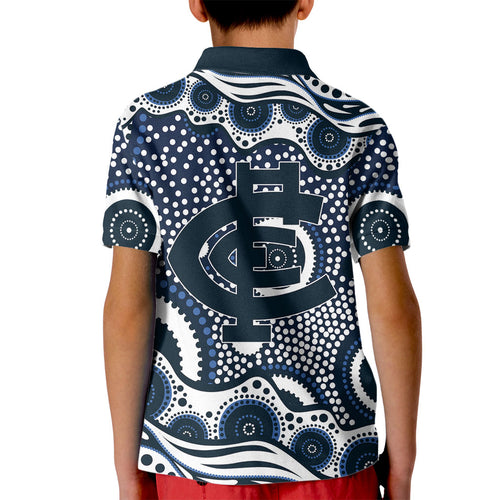 Carlton Blues Kid Polo Shirt Aboriginal Dot Pattern - Football Mascot Heritage Pride