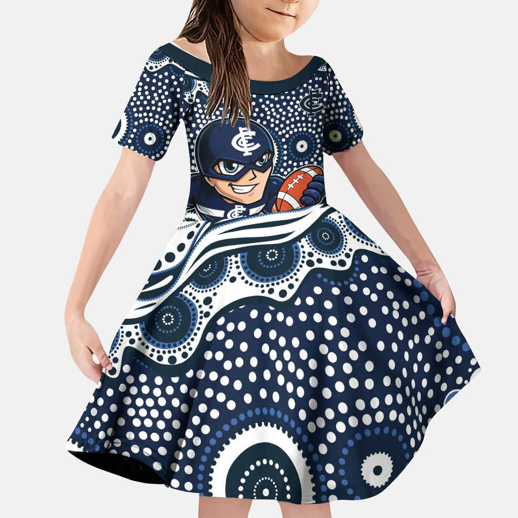 Carlton Blues Kid Short Sleeve Dress Aboriginal Dot Pattern - Football Mascot Heritage Pride