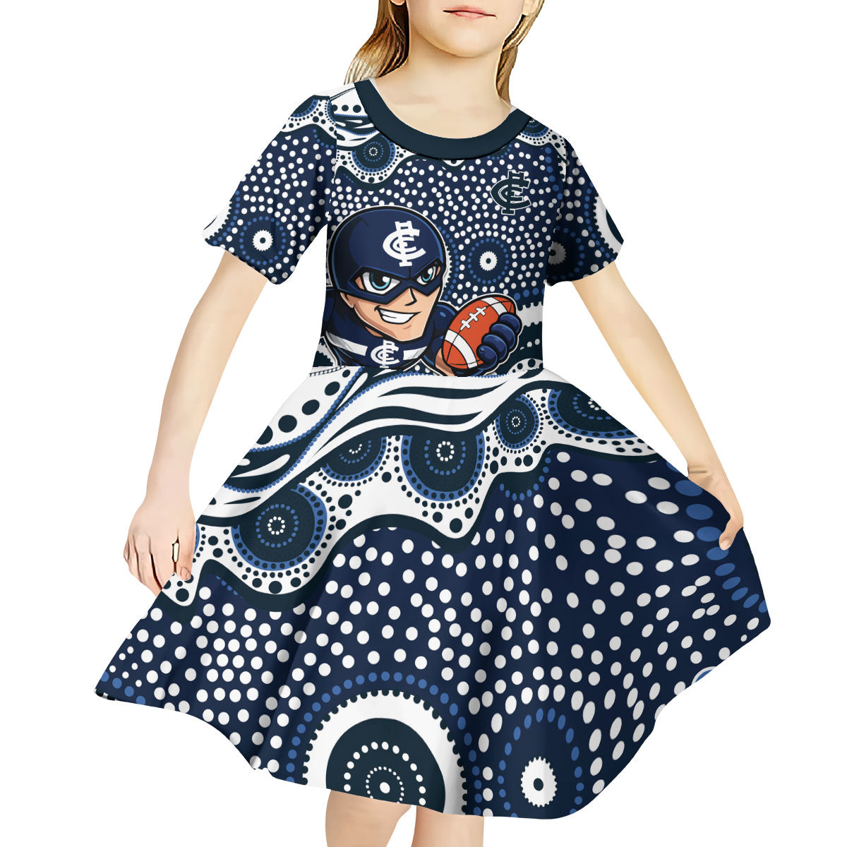 Carlton Blues Kid Short Sleeve Dress Aboriginal Dot Pattern - Football Mascot Heritage Pride