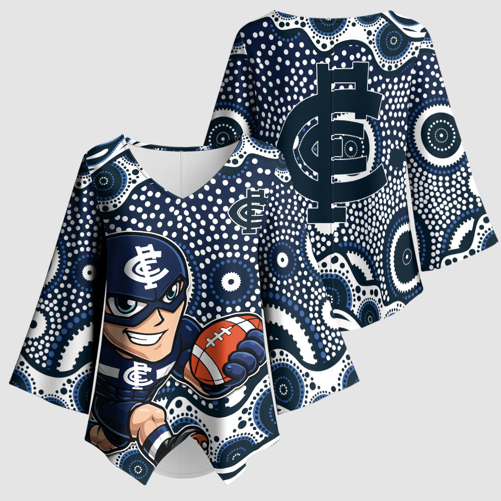 Carlton Blues Kimono Sleeve Blouse Aboriginal Dot Pattern - Football Mascot Heritage Pride