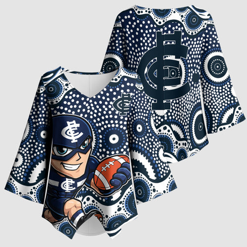 Carlton Blues Kimono Sleeve Blouse Aboriginal Dot Pattern - Football Mascot Heritage Pride