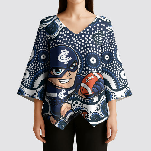 Carlton Blues Kimono Sleeve Blouse Aboriginal Dot Pattern - Football Mascot Heritage Pride