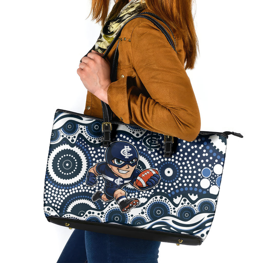 Carlton Blues Leather Tote Bag Aboriginal Dot Pattern - Football Mascot Heritage Pride