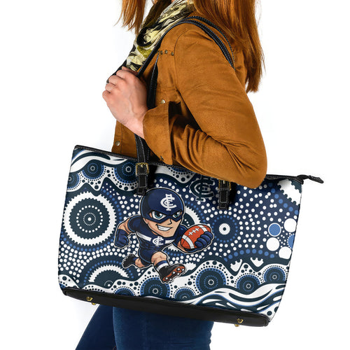 Carlton Blues Leather Tote Bag Aboriginal Dot Pattern - Football Mascot Heritage Pride