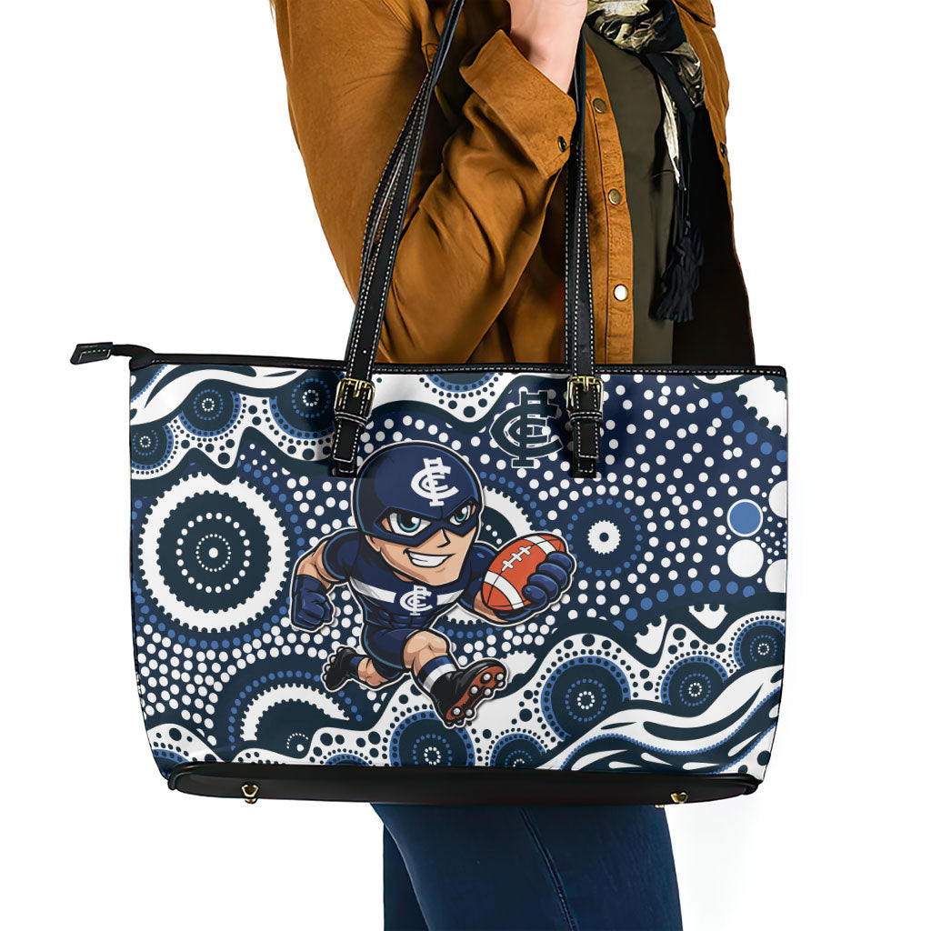 Carlton Blues Leather Tote Bag Aboriginal Dot Pattern - Football Mascot Heritage Pride