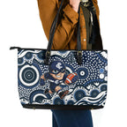 Carlton Blues Leather Tote Bag Aboriginal Dot Pattern - Football Mascot Heritage Pride