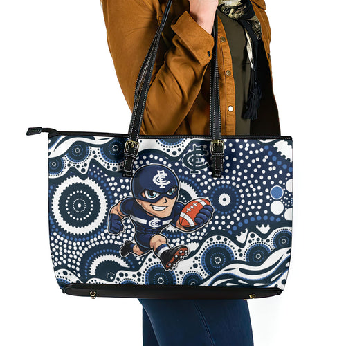 Carlton Blues Leather Tote Bag Aboriginal Dot Pattern - Football Mascot Heritage Pride