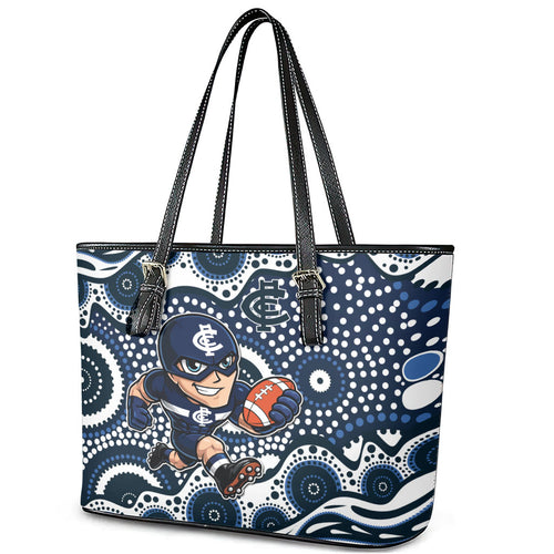 Carlton Blues Leather Tote Bag Aboriginal Dot Pattern - Football Mascot Heritage Pride
