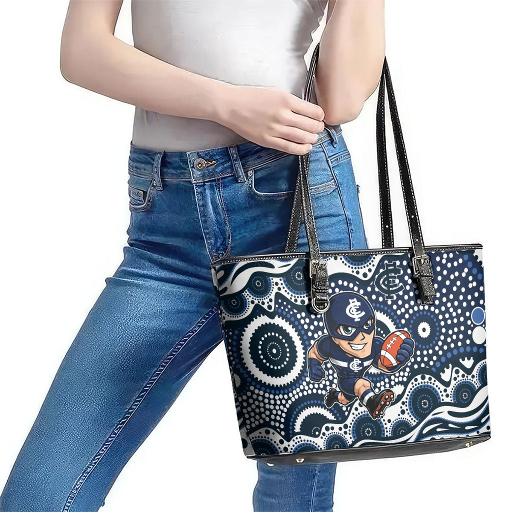 Carlton Blues Leather Tote Bag Aboriginal Dot Pattern - Football Mascot Heritage Pride
