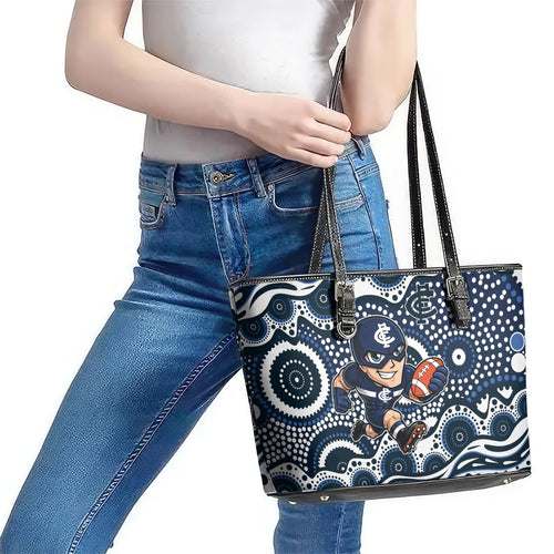 Carlton Blues Leather Tote Bag Aboriginal Dot Pattern - Football Mascot Heritage Pride