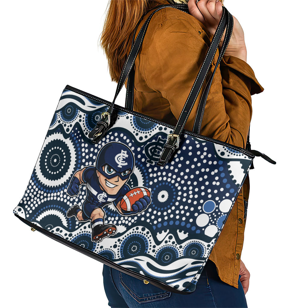Carlton Blues Leather Tote Bag Aboriginal Dot Pattern - Football Mascot Heritage Pride