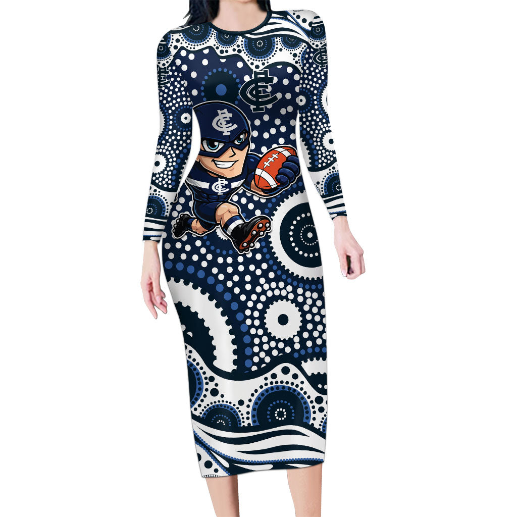 Carlton Blues Long Sleeve Bodycon Dress Aboriginal Dot Pattern - Football Mascot Heritage Pride